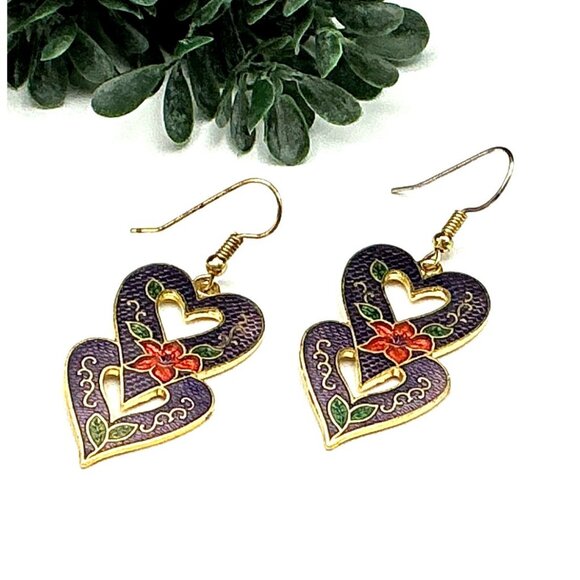 Vintage Style Cloisonne Purple Heart-Shaped Dangle Earrings With Floral Design - Picture 2 of 4
